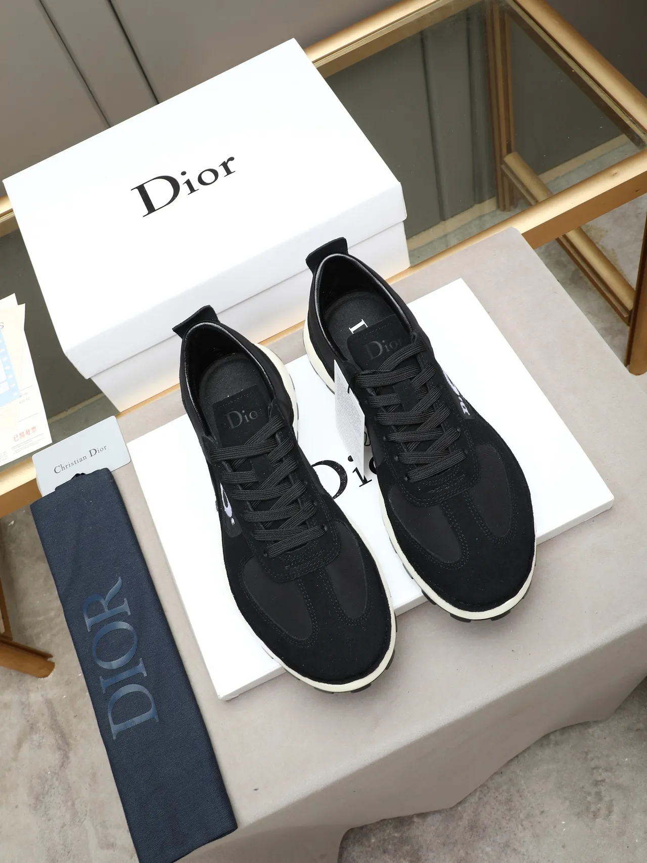 Dior Black White Suede And Mesh Upper Embroidered Logo Panel Lifestyle Sneakers
