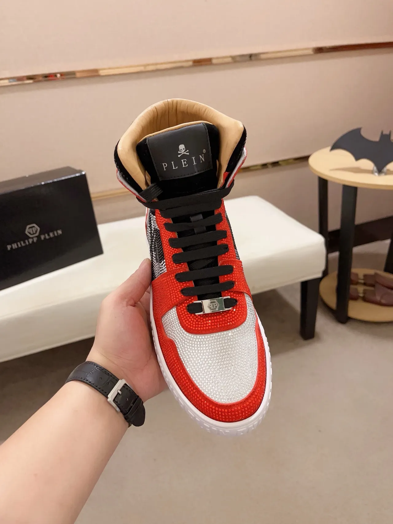 Philipp Plein Crystal-Embellished Red Black Skull Motif Lifestyle Sneaker