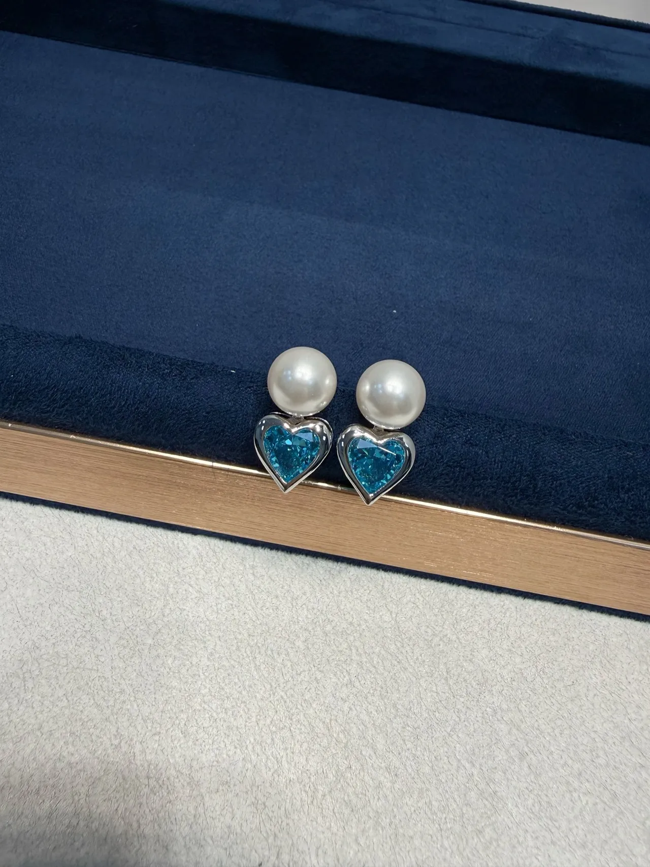Pearl and Blue Heart Gemstone Stud Earrings