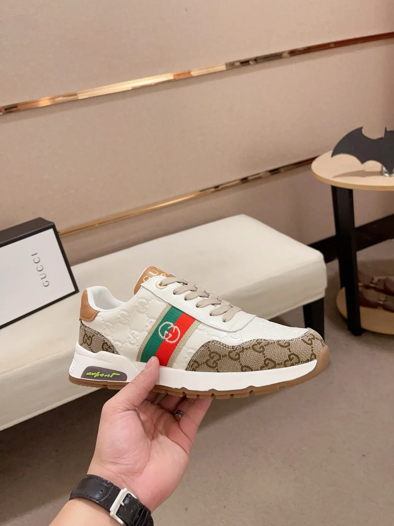 Gucci White Beige GG Monogram Canvas Web Stripe Accent Lifestyle Sneakers