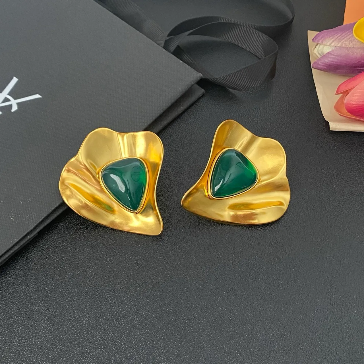 Saint Laurent Gold Green Sculptural Petal-Shaped Metal Frames Teardrop Cabochon Resin Stones Earrings