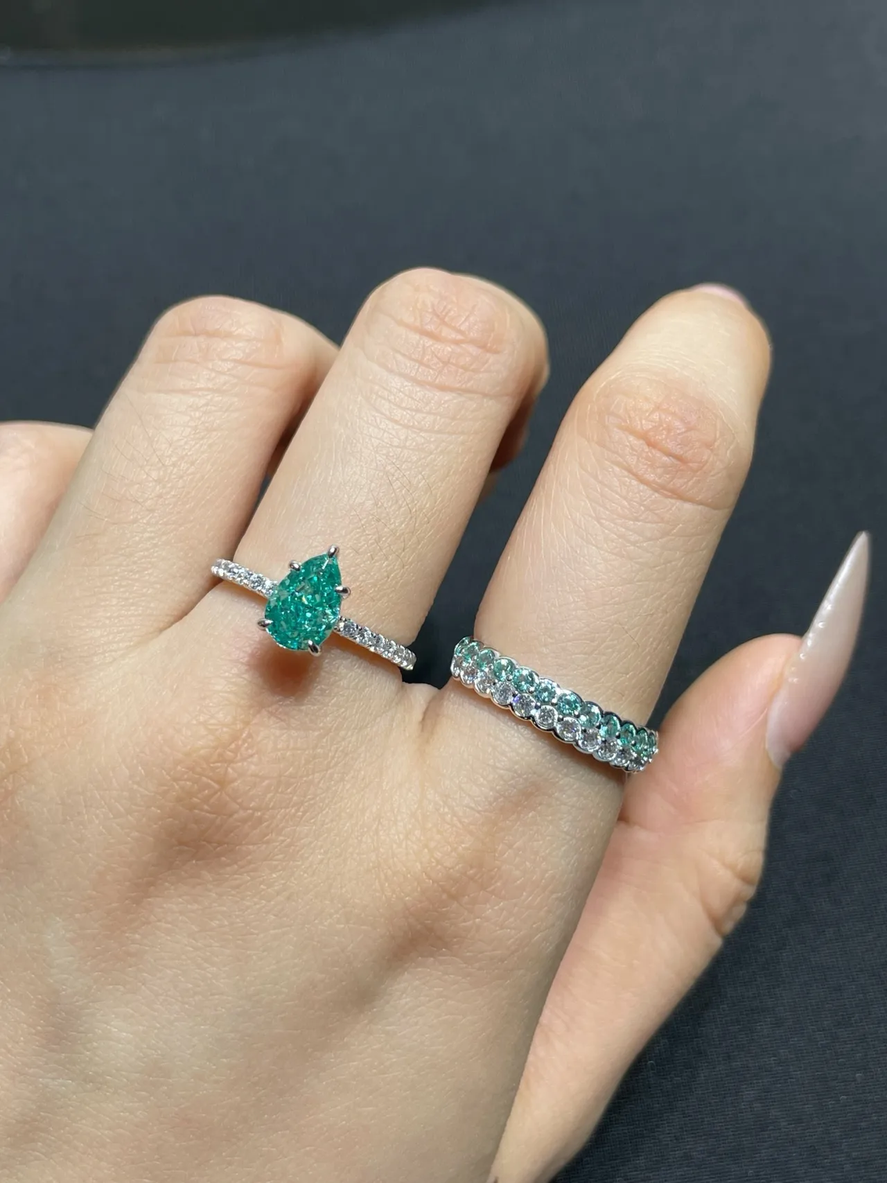 Silver-Tone Pavé-Set Teal and Clear Stone Stackable Eternity Rings