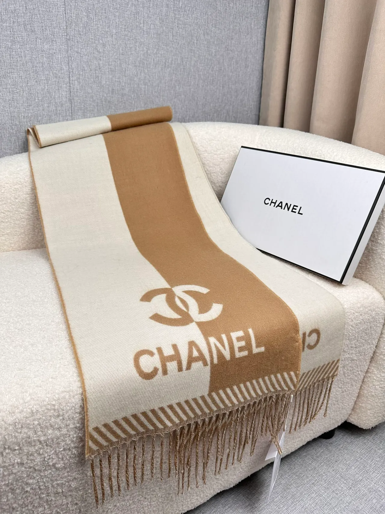 Chanel Monogrammed Beige and Cream Cashmere Scarf