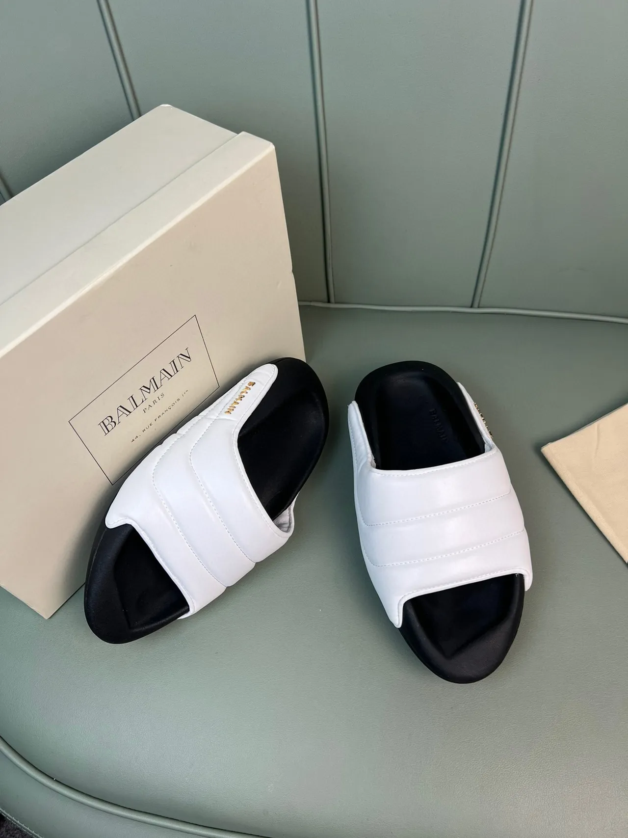 Balmain B-Court White Black Quilted Strap Molded Sole Slippers