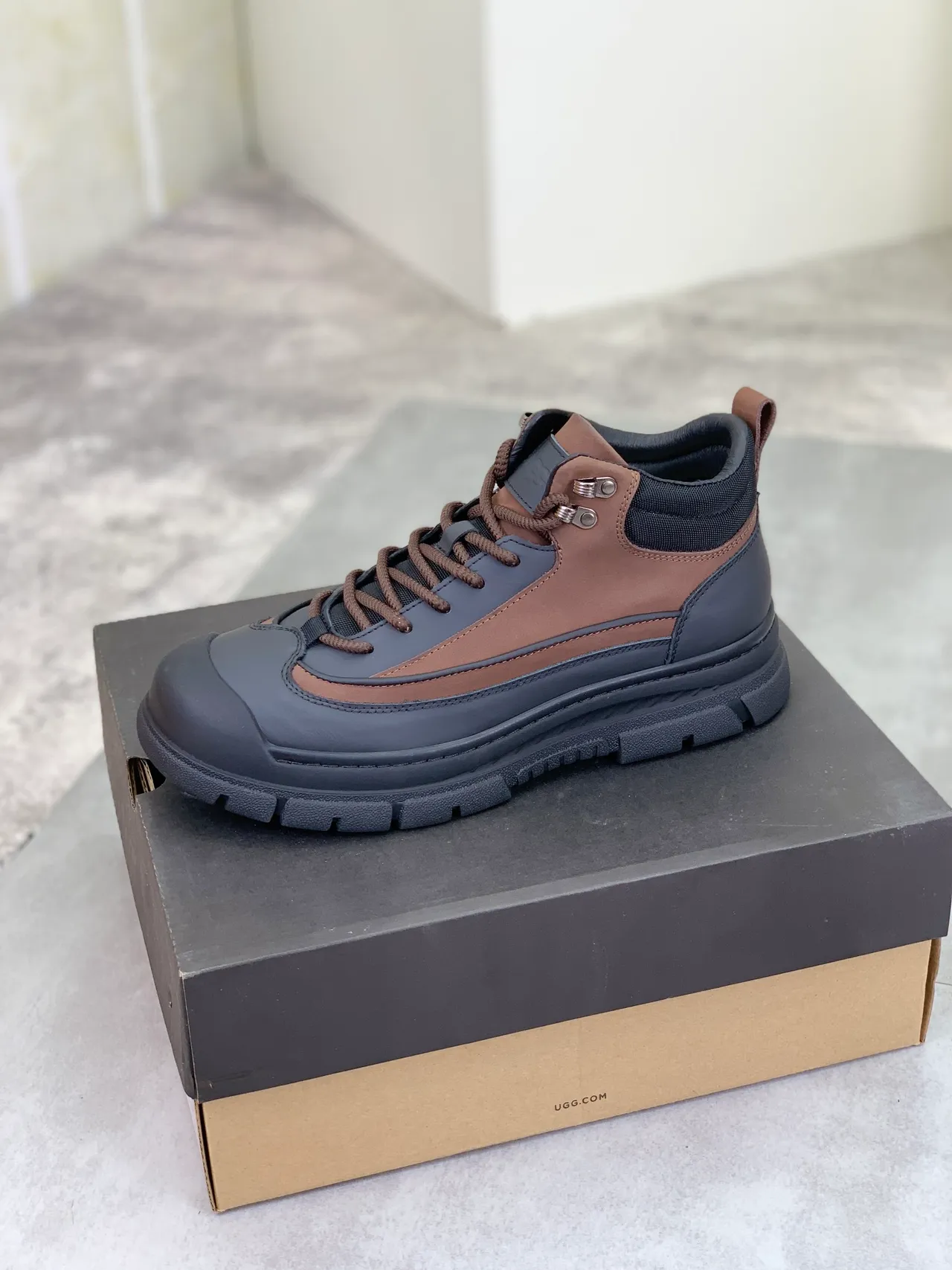 UGG Tasman Gray Brown Lace-Up Shearling-Lined Snow Boots