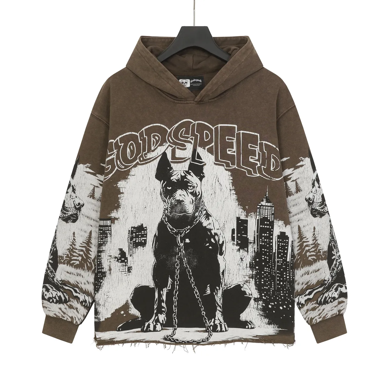 Godspeed Brown Black Oversized Fit Distressed Hem Hoodie