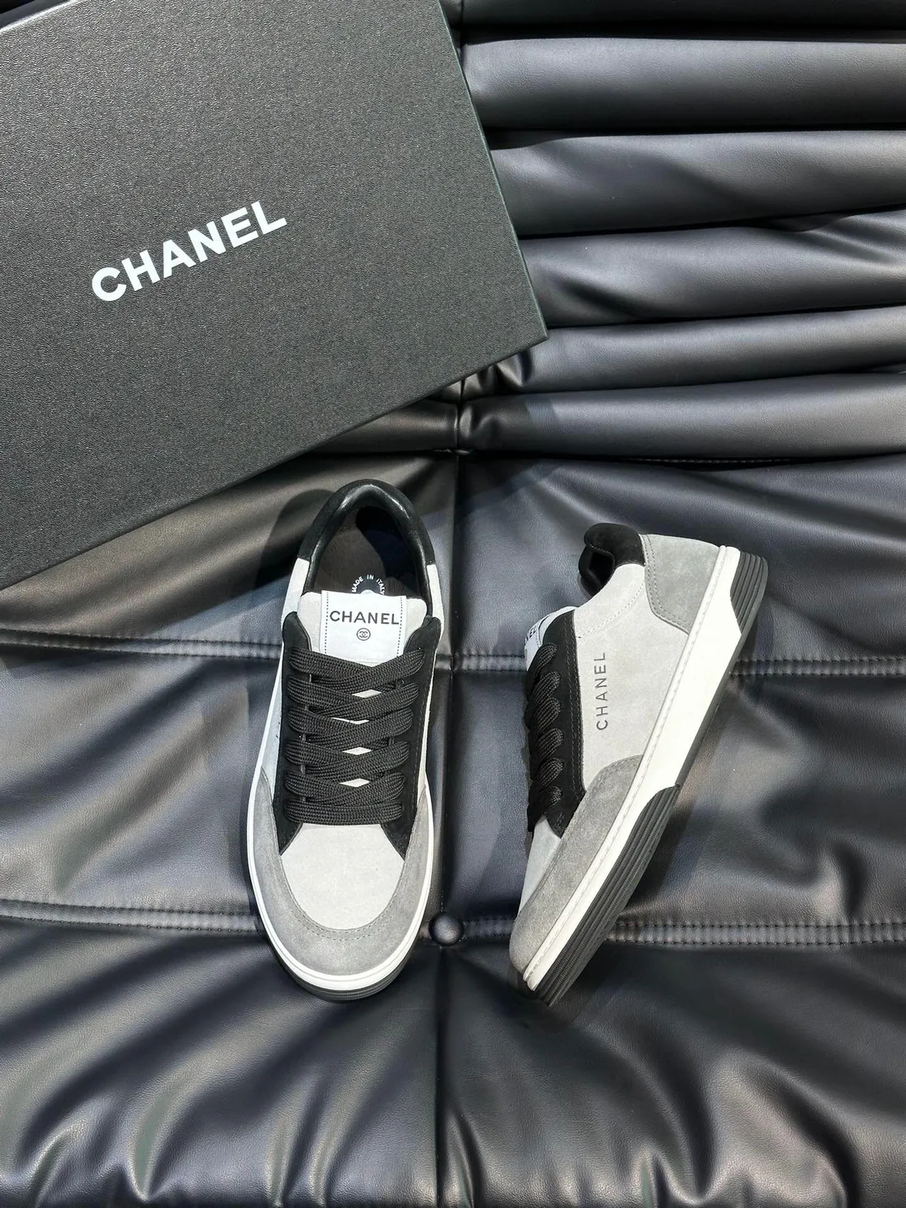 Chanel Gray Black Low-Top Suede-and-Leather Panelled Sneakers