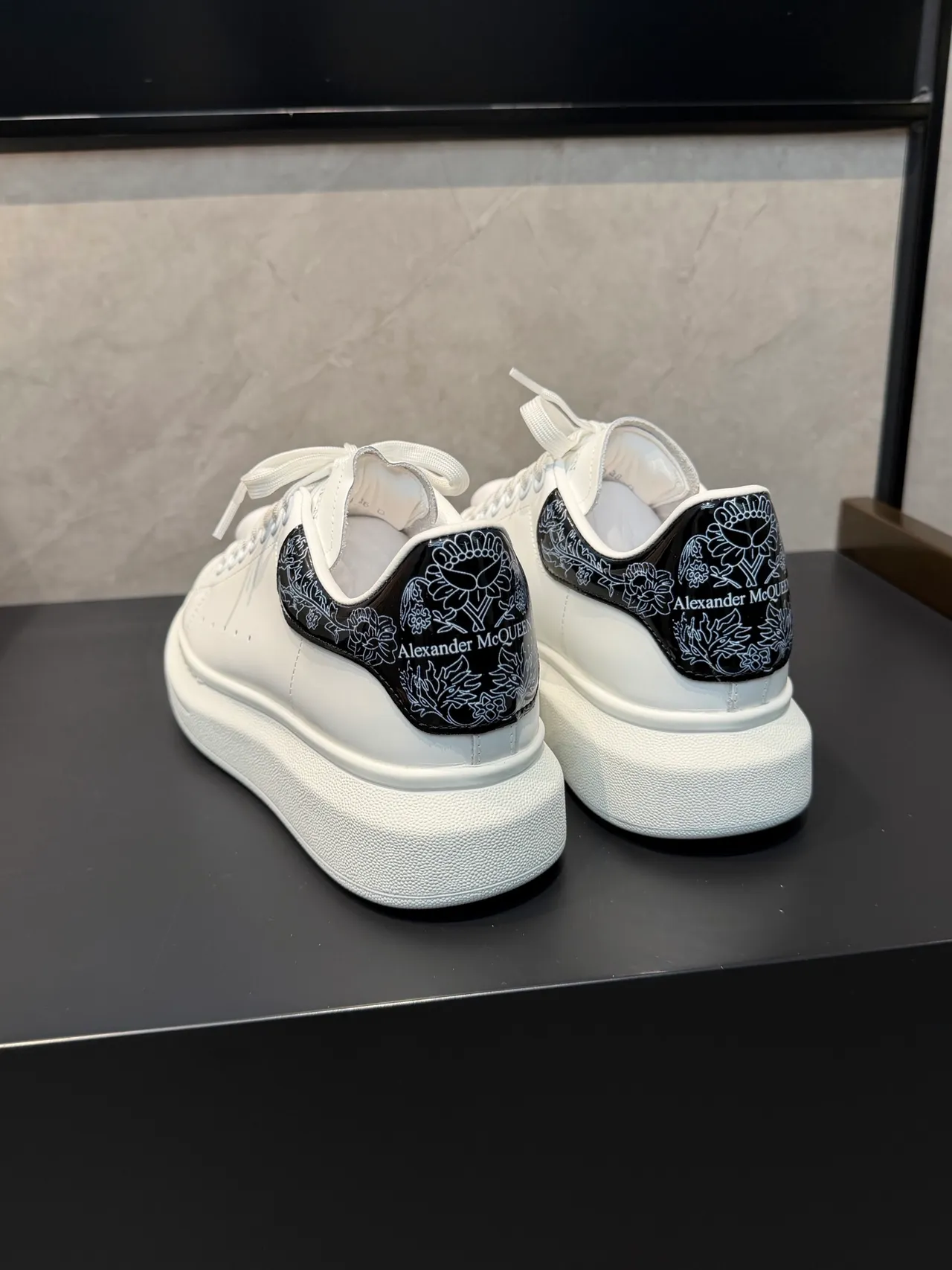 Alexander McQueen Oversized Sneaker White Black Platform Sole Floral-Embroidered Heel Tab Lifestyle Sneakers