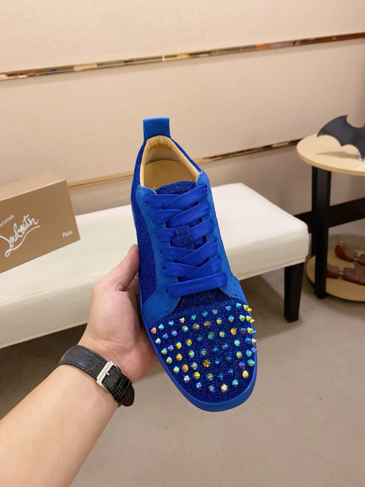 Christian Louboutin Blue Glitter Spike Low-Top Lifestyle Sneaker