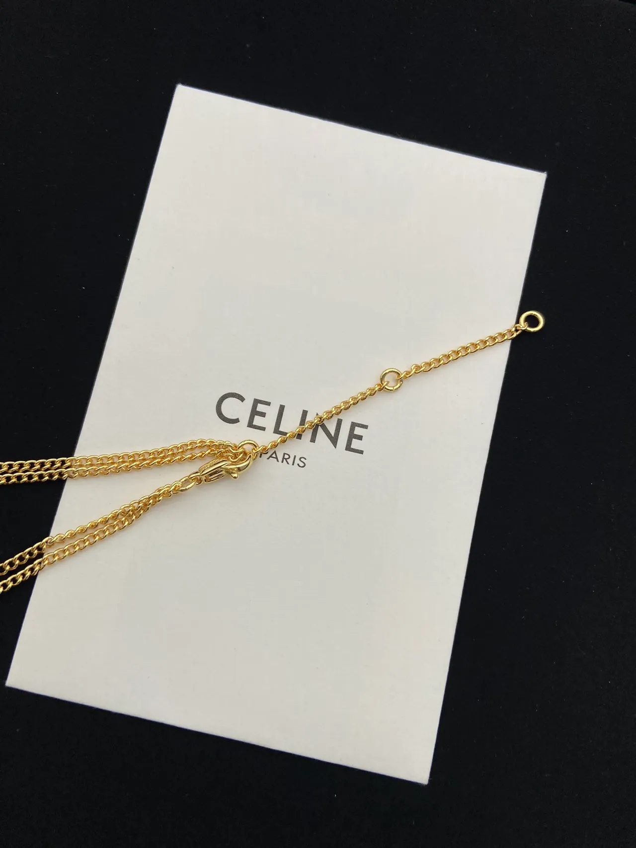 Celine Triomphe Gold White Chain Oval Logo Pendant Necklace