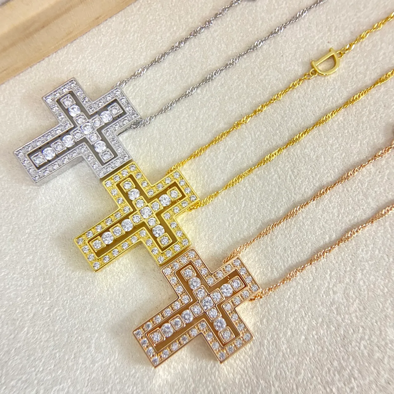 Gold Multicolor Geometric Cross Pendant Pavé-Set Stones Necklace