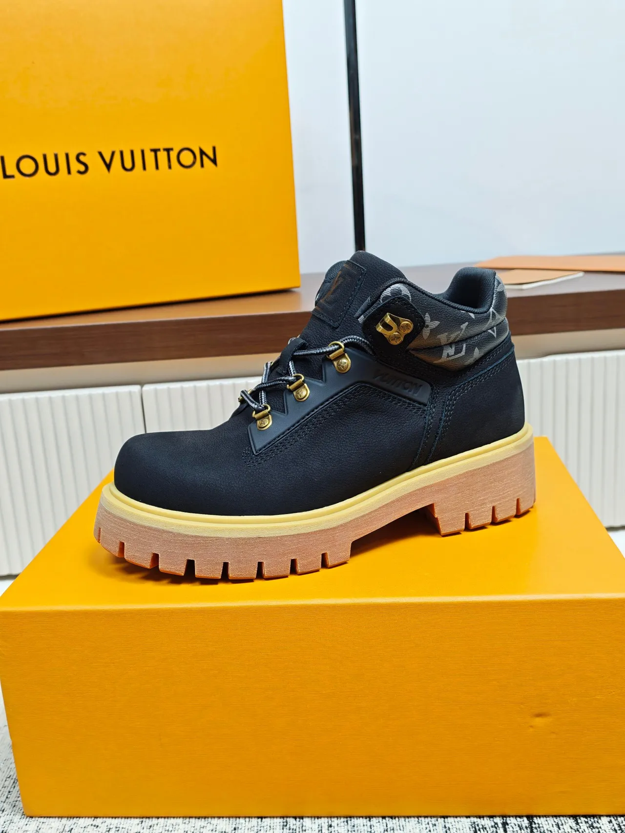 Louis Vuitton Black Monogram Collar Work Boot