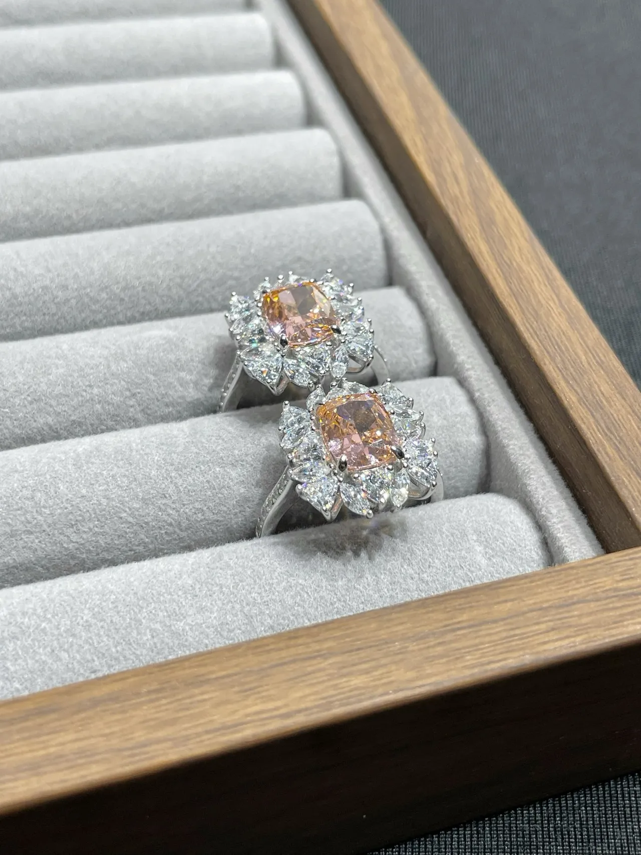 Orange Silver Floral Halo Setting Cushion-Cut Center Ring