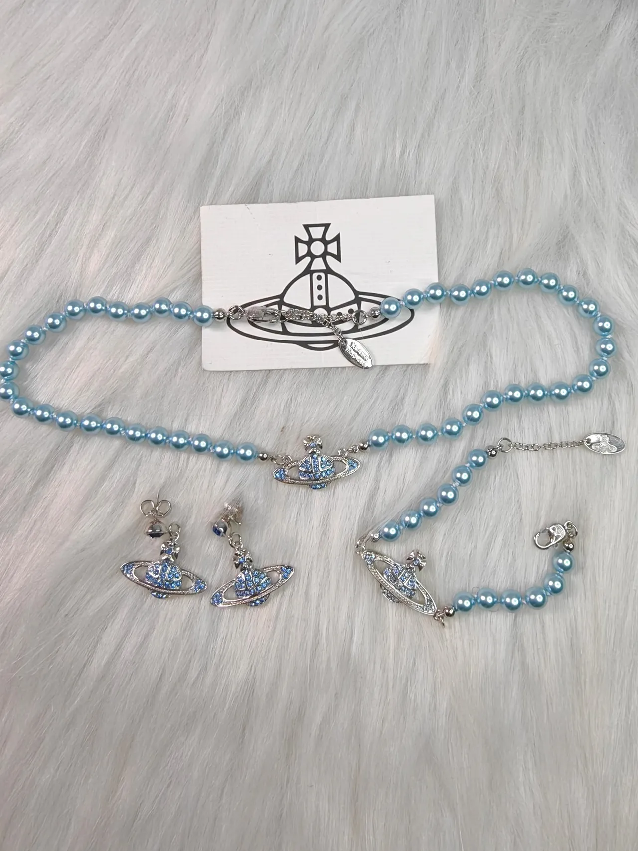 Vivienne Westwood Classic Orb Blue Silver Pearl-Beaded Crystal-Pavé Necklace