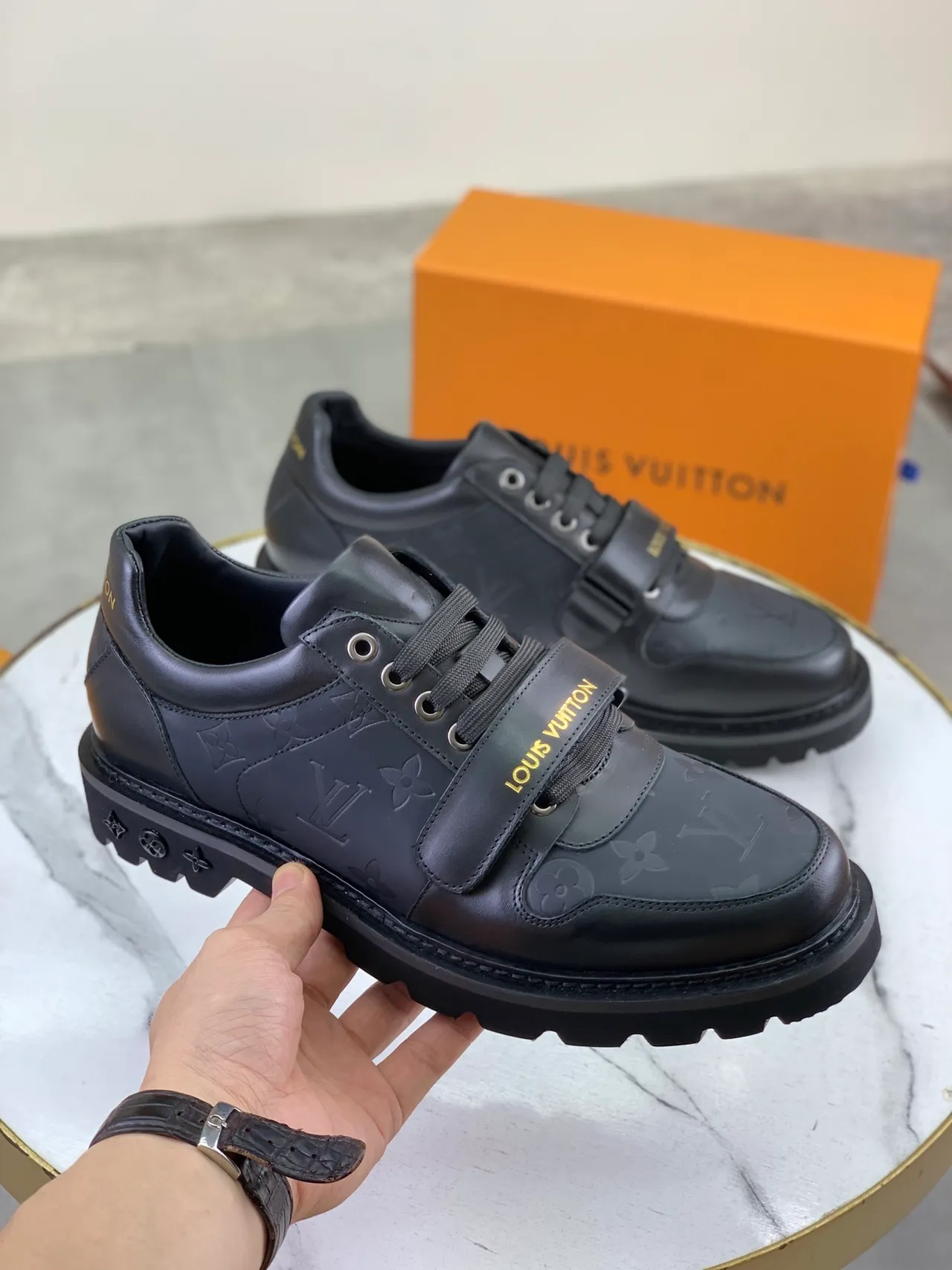 Louis Vuitton Run Away Black Gold Monogram Leather Dual-Lace And Strap Closure Casual Shoes