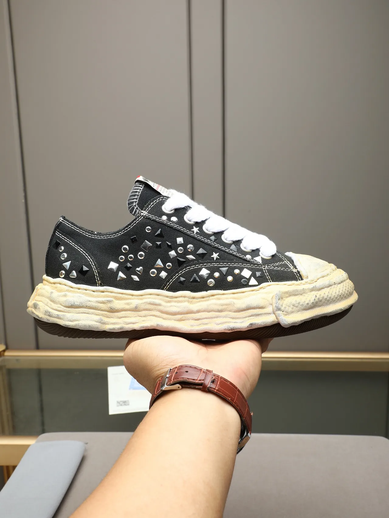 Converse Black White Studded Embellishment Distressed Cream Sole Sneakers