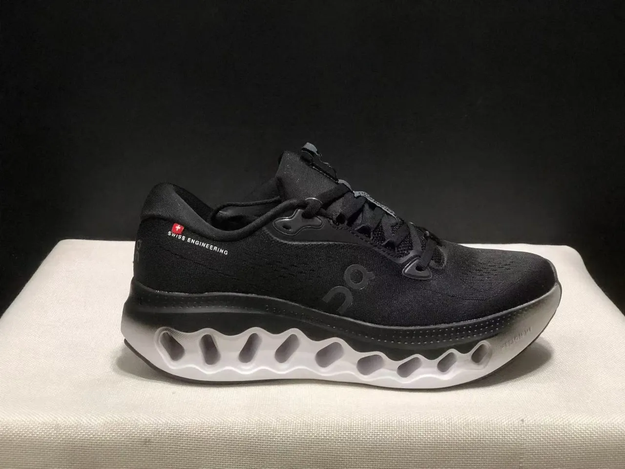 On Cloudmonster Gray Green Engineered Mesh Upper Open Hexagonal CloudTec Pods Running Shoes