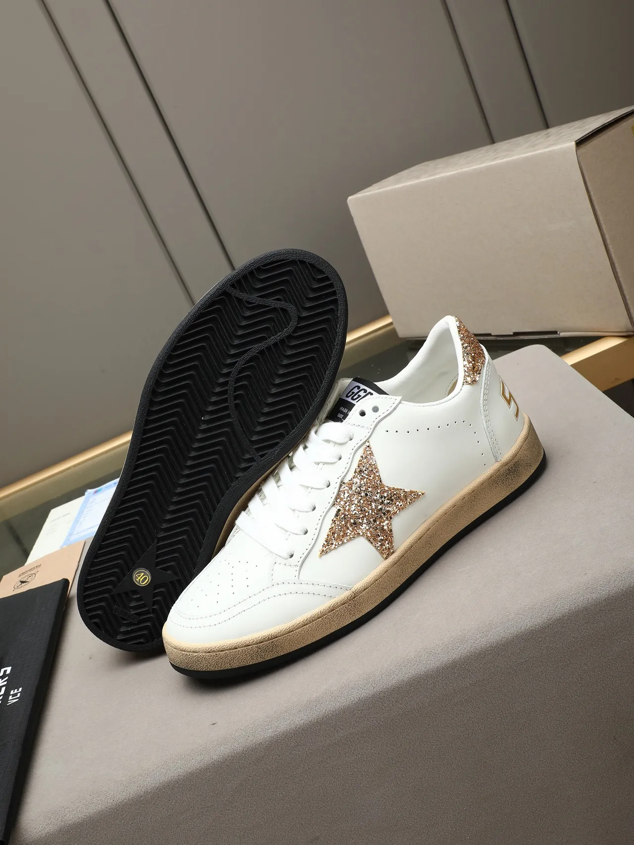 Golden Goose Ball Star White Leather Glitter Gold Star Lifestyle Sneakers