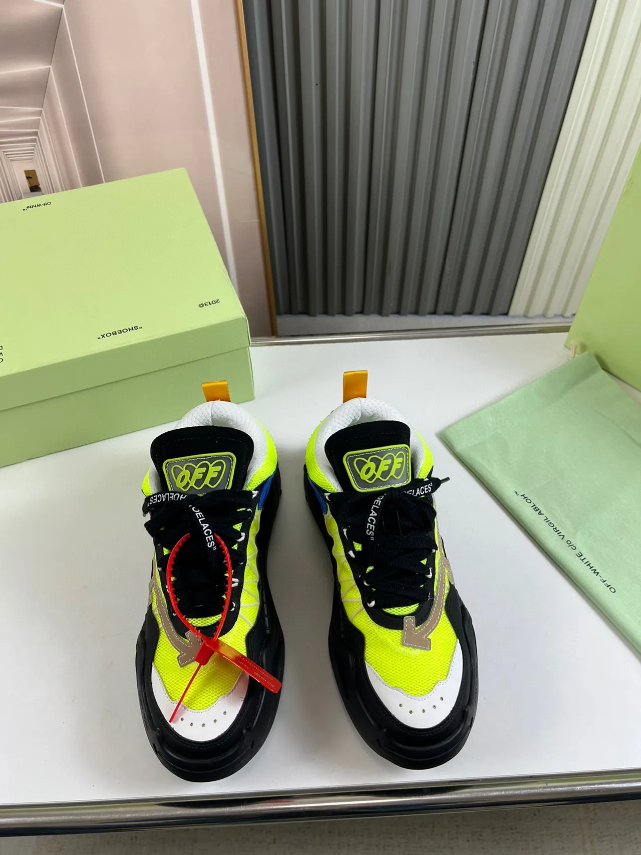 Off-White Industrial Runner Neon Yellow Black Chunky Sneakers