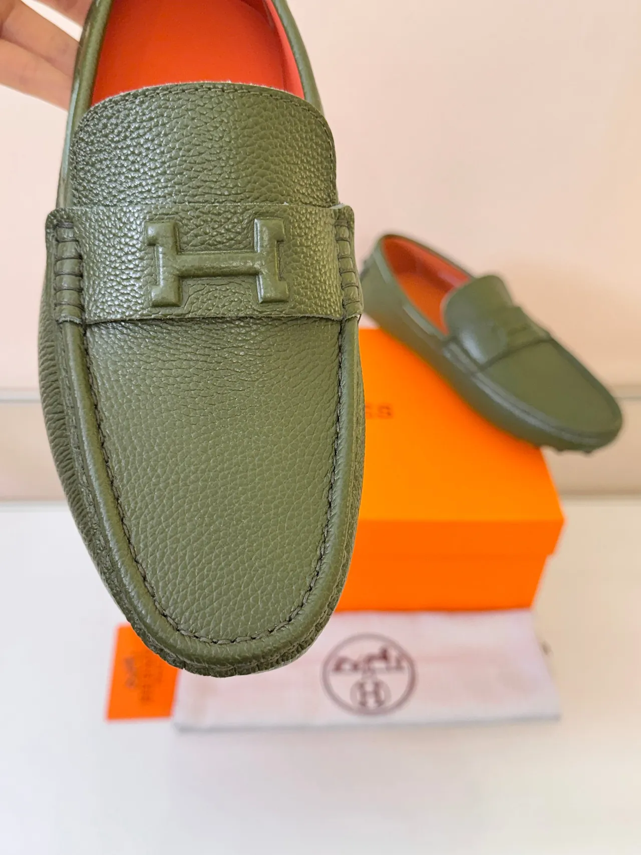 Hermès Oran Loafer Olive Green Pebbled Leather Loafers