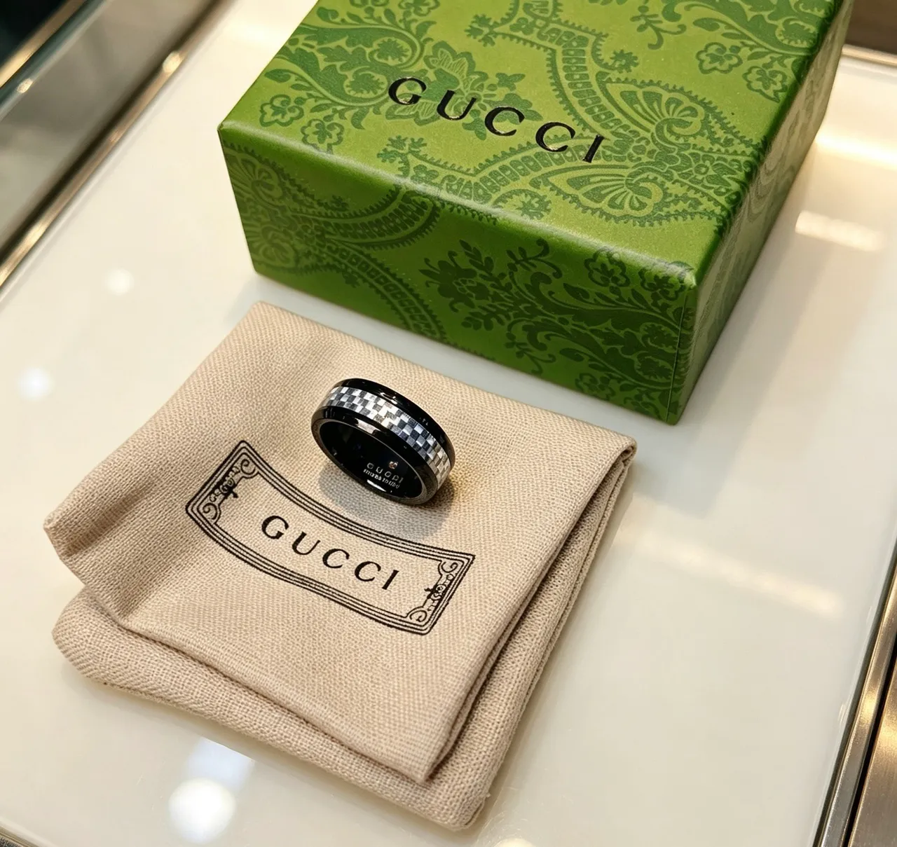 Gucci Mosaic Black Silver Ceramic Checkered Inlay Ring