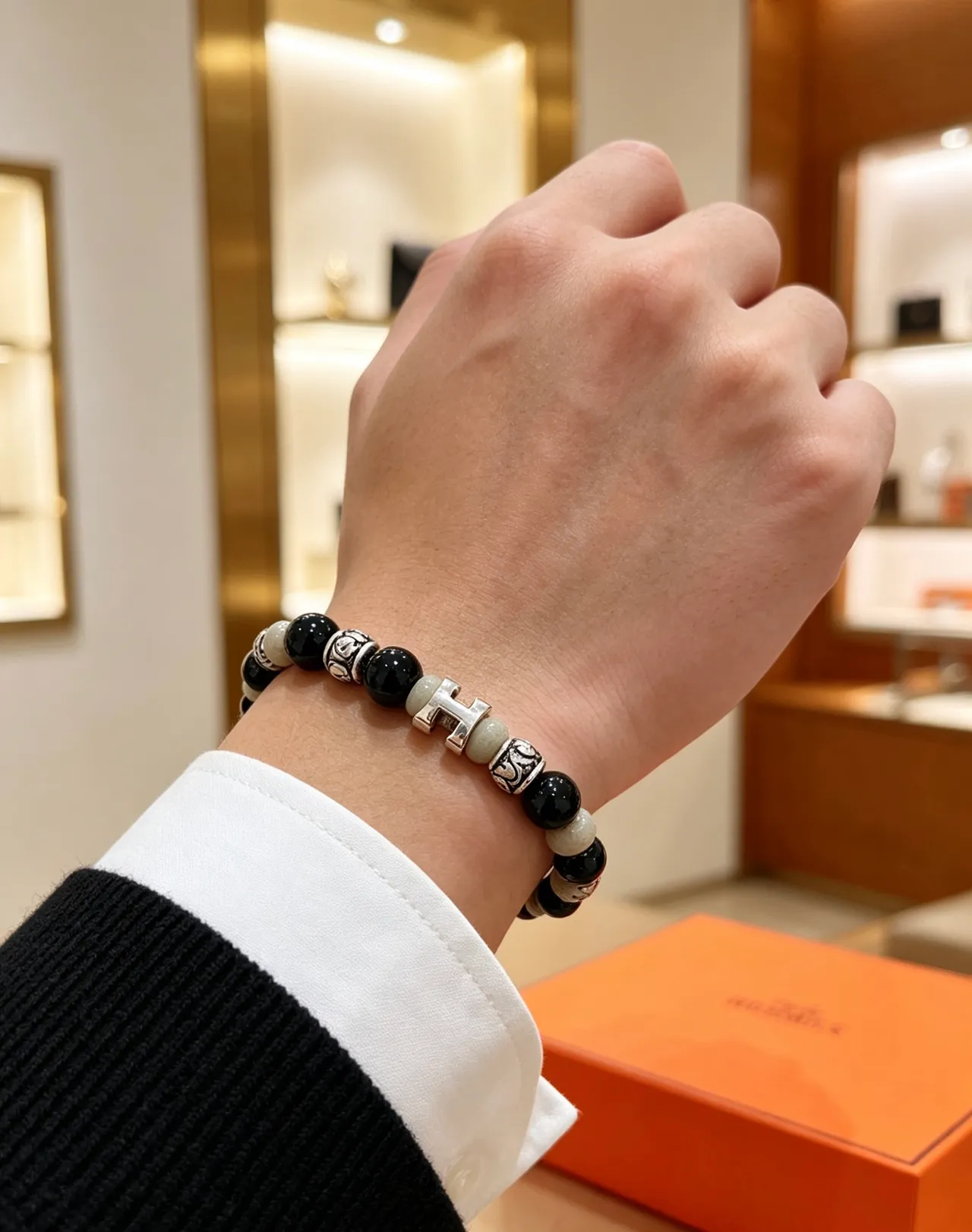 Hermès Black Silver Beaded Multi-Stone Bracelet