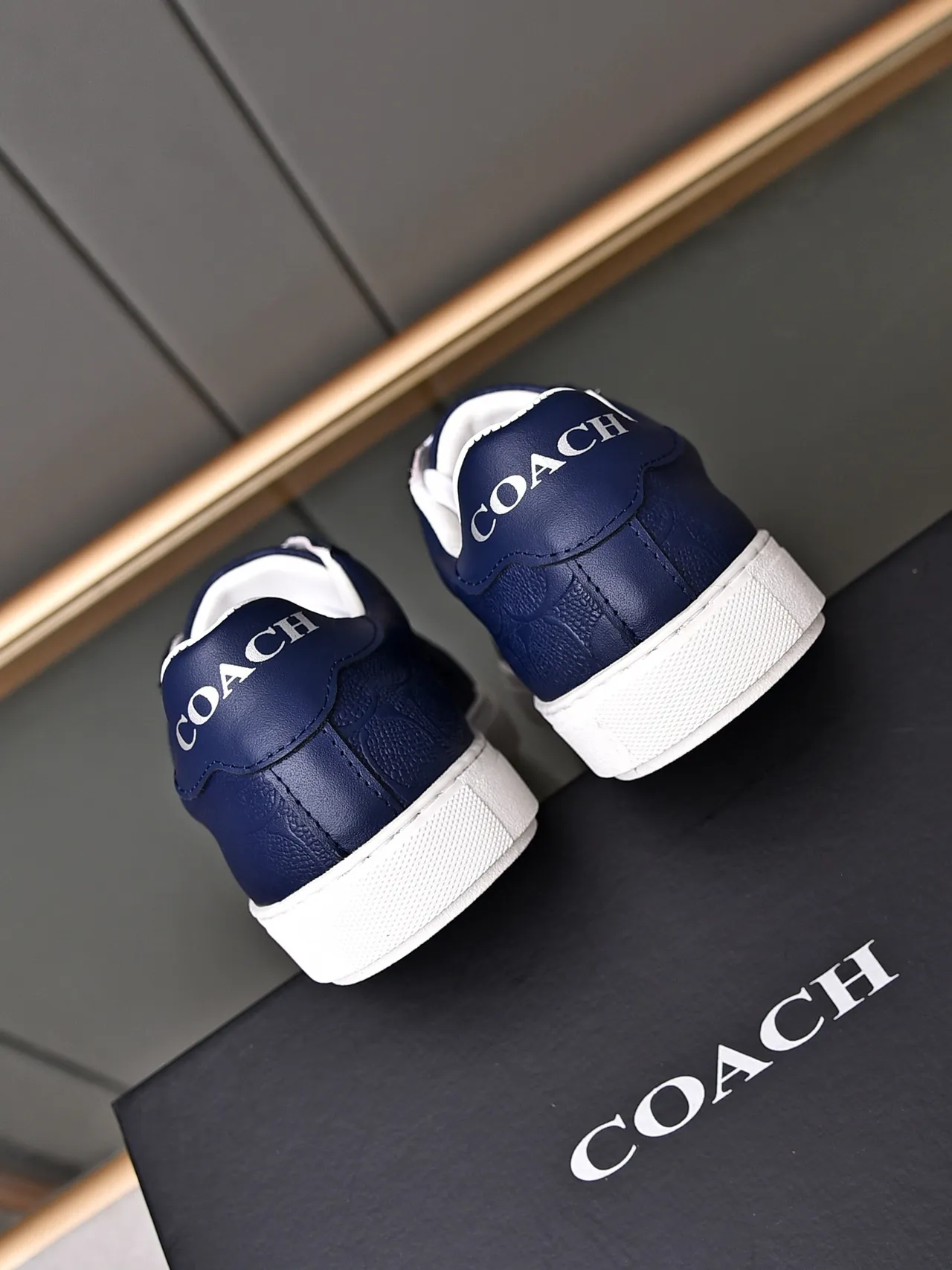 Coach Navy Embossed Signature Leather Low-Top Sneakers