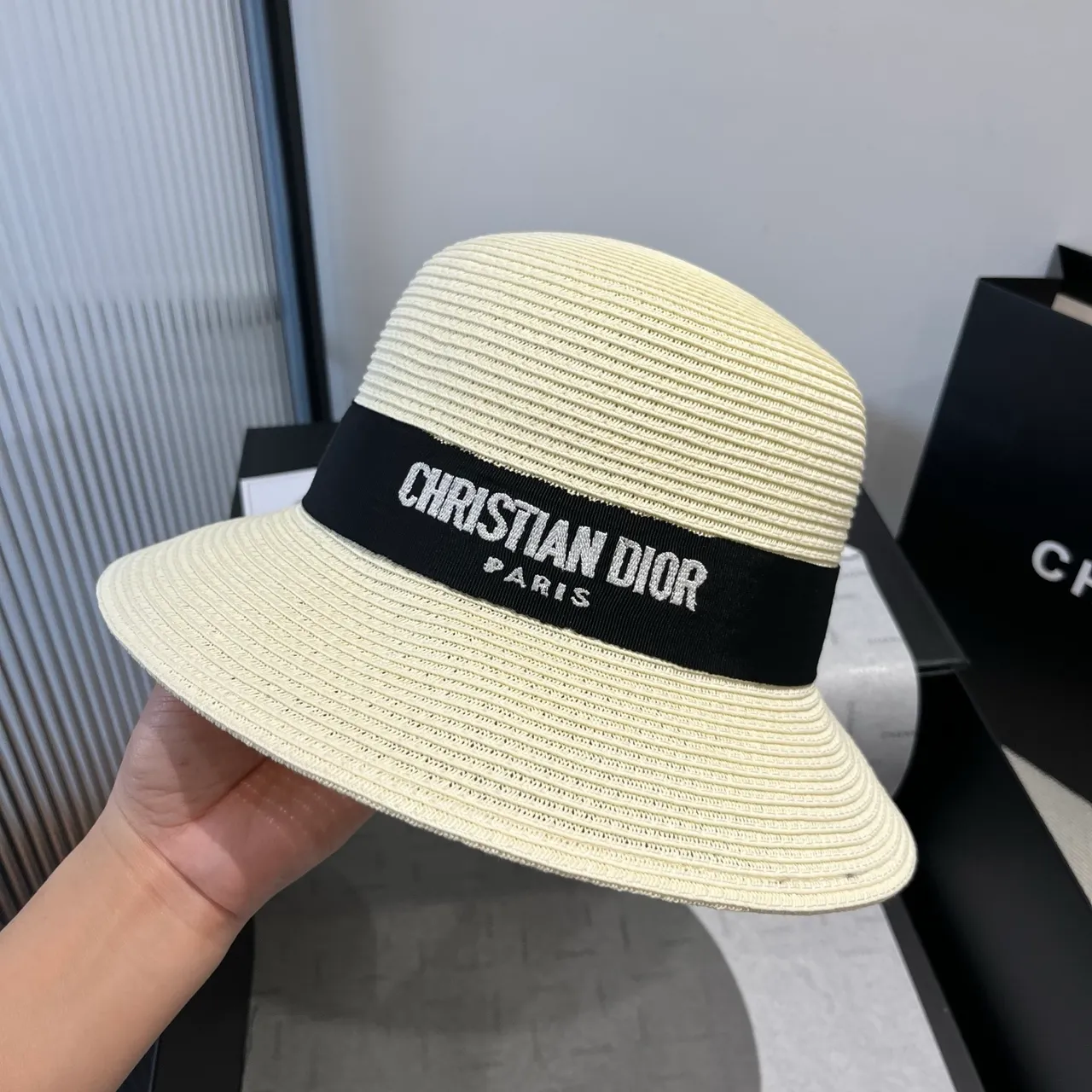 Dior Beige Black Woven Straw-Like Texture Structured Ribbed Crown Fedora