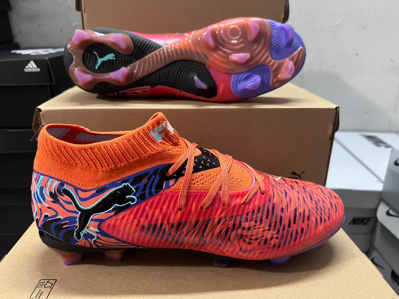 Puma Orange Blue High-Cut Knit Collar Flame-Pattern Graphic Overlay Firm-Ground Soccer Shoes