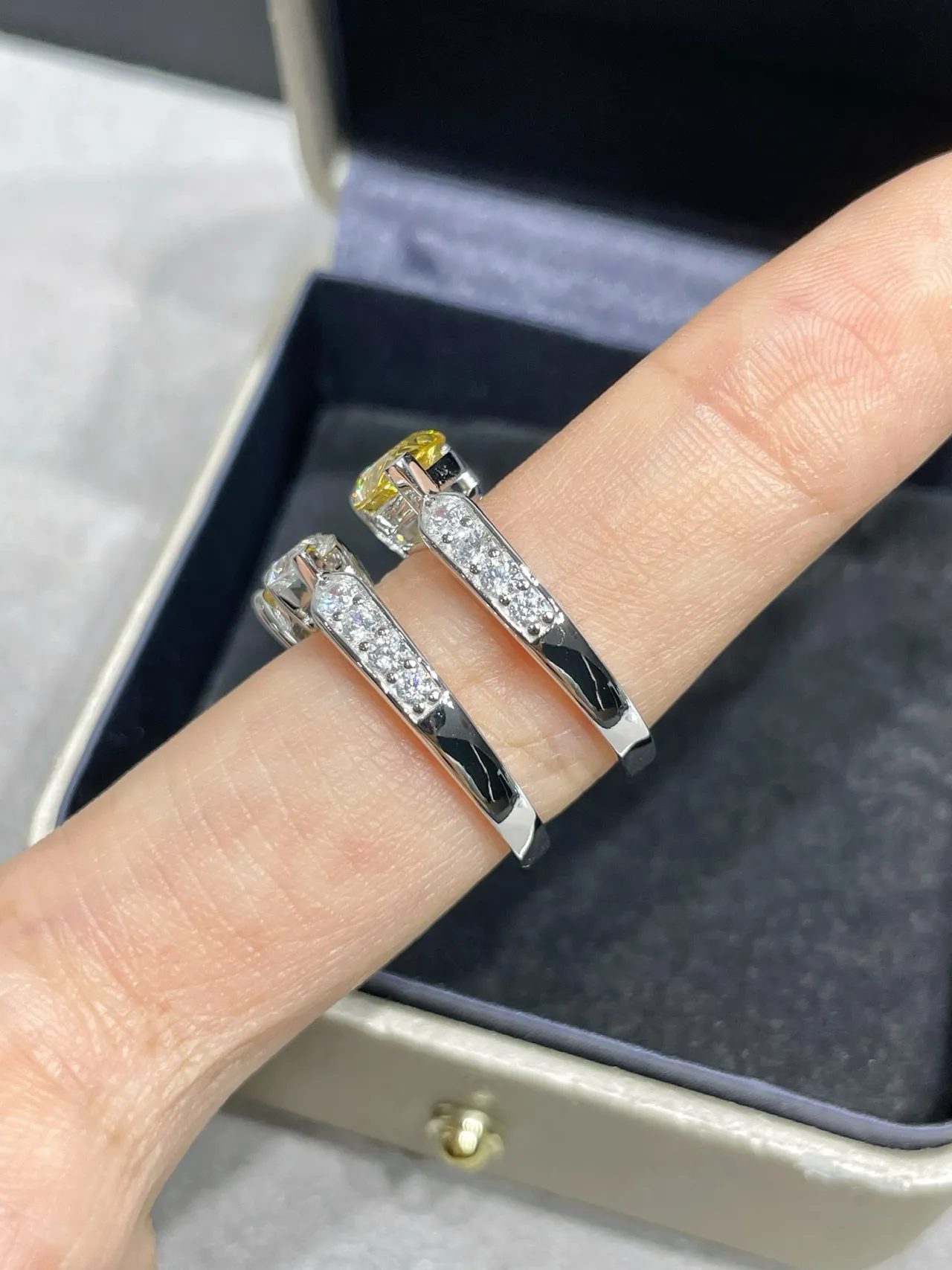 Yellow and Clear Pear-Cut Dual-Stone Asymmetrical Rings