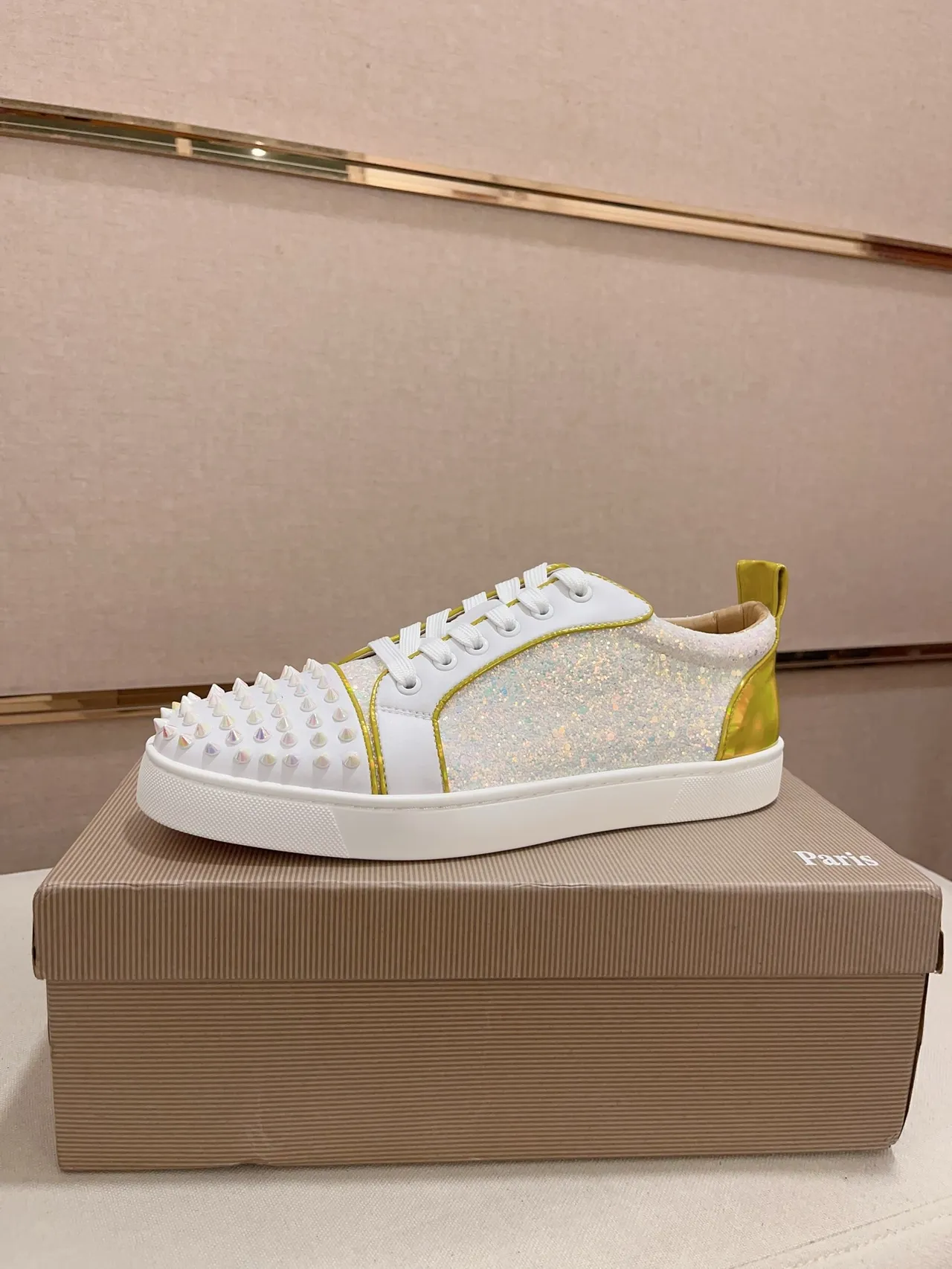 Christian Louboutin White Gold Spiked Toe Glitter Panel Lifestyle Sneakers