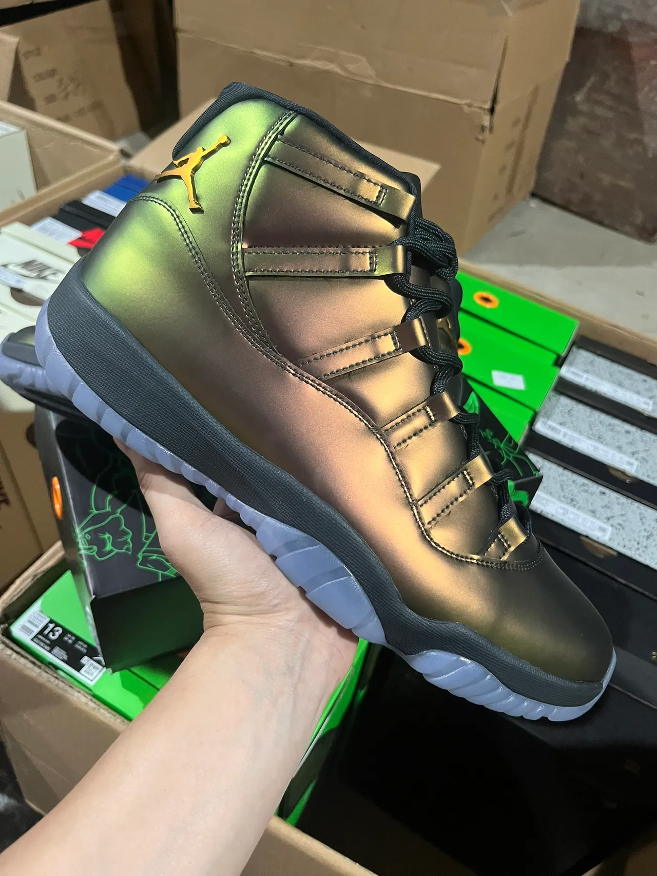 Air Jordan 11 Metallic Green-Gold High-Top Basketball Shoes
