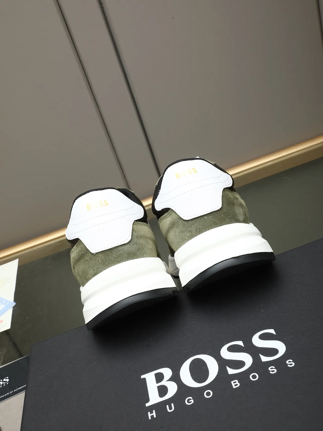 Hugo Boss Army Green White Olive Suede Side Stripe Sneakers