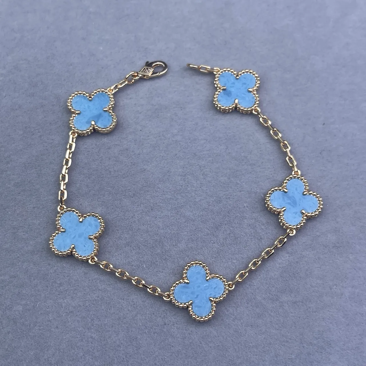 Blue Gold Chain Five Clover-Shaped Enamel Charms Bracelet