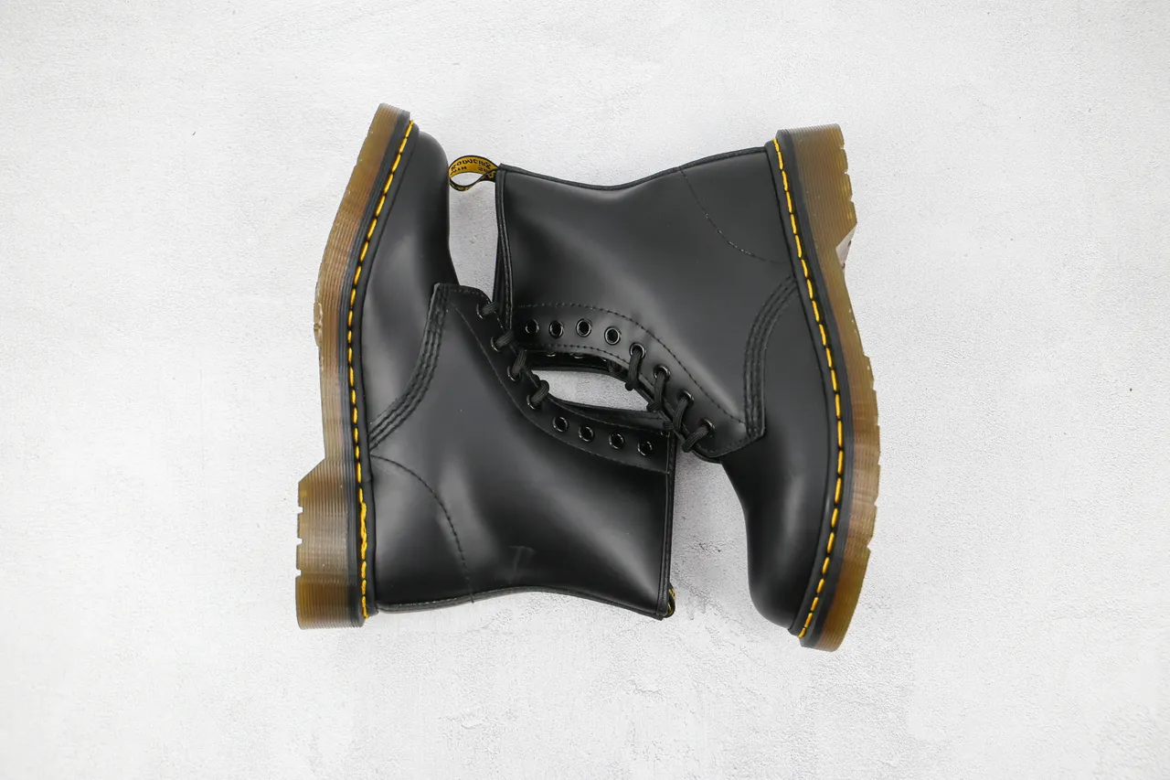 Dr. Martens 1460 Black Smooth Leather Yellow Stitch Martin Boots