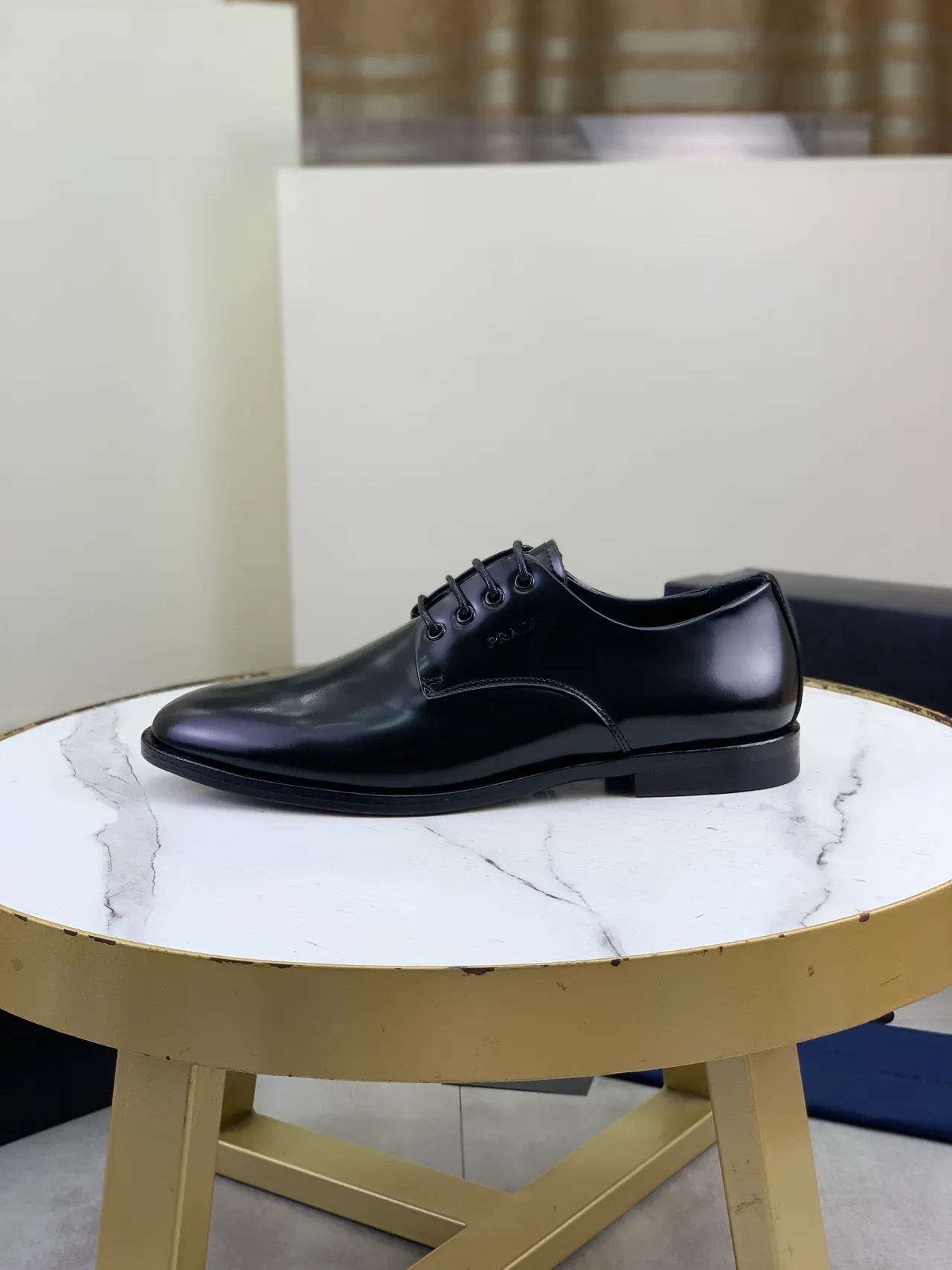 Prada Black Polished Leather Cap Toe Oxford Shoes