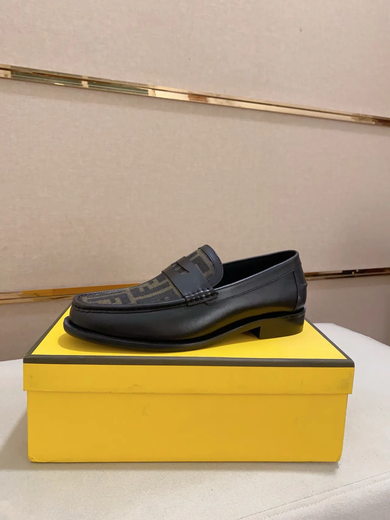 Fendi Black Brown Leather FF Monogram Canvas Loafer