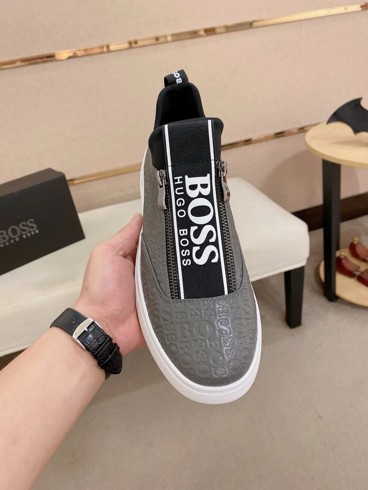 Hugo Boss Gray Embossed Logo Zipper Slip-On Lifestyle Sneakers