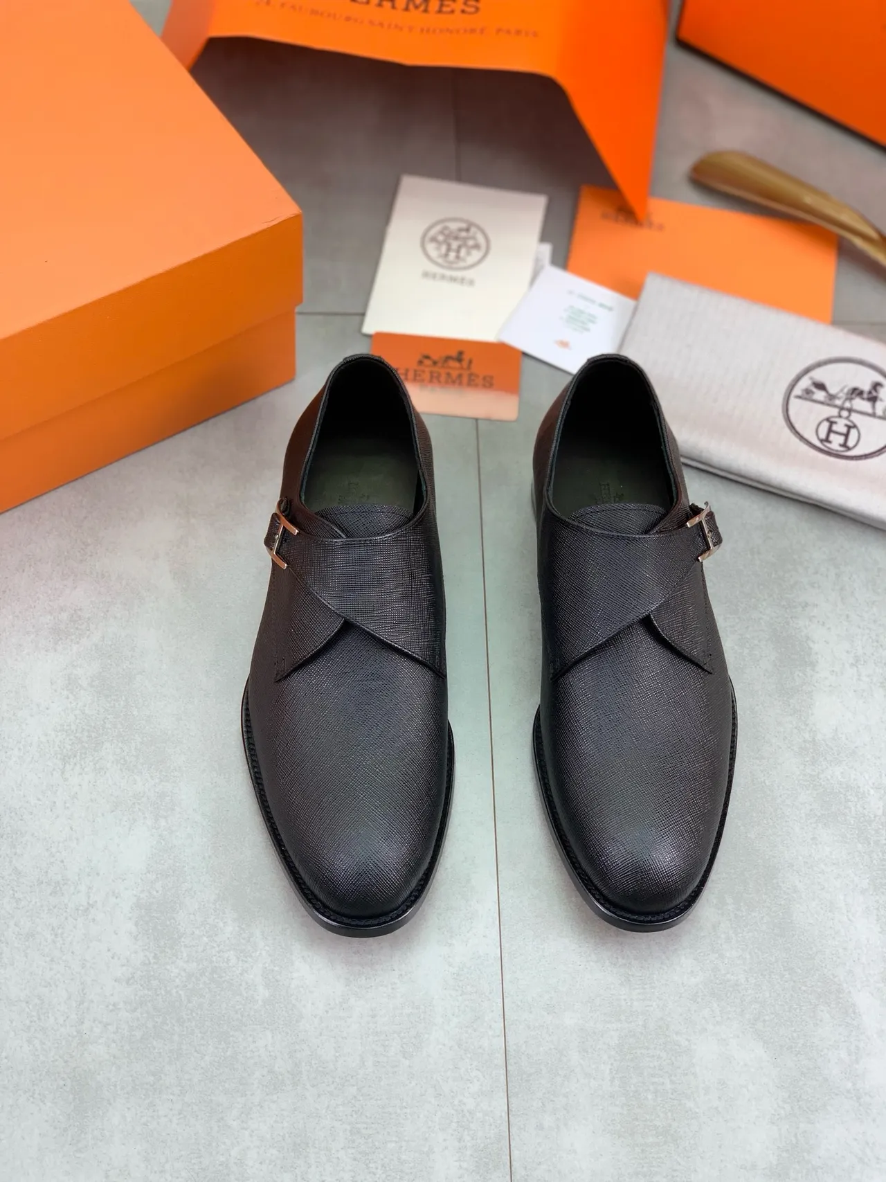 Hermès Black Textured Leather H-Buckle Monk Shoes