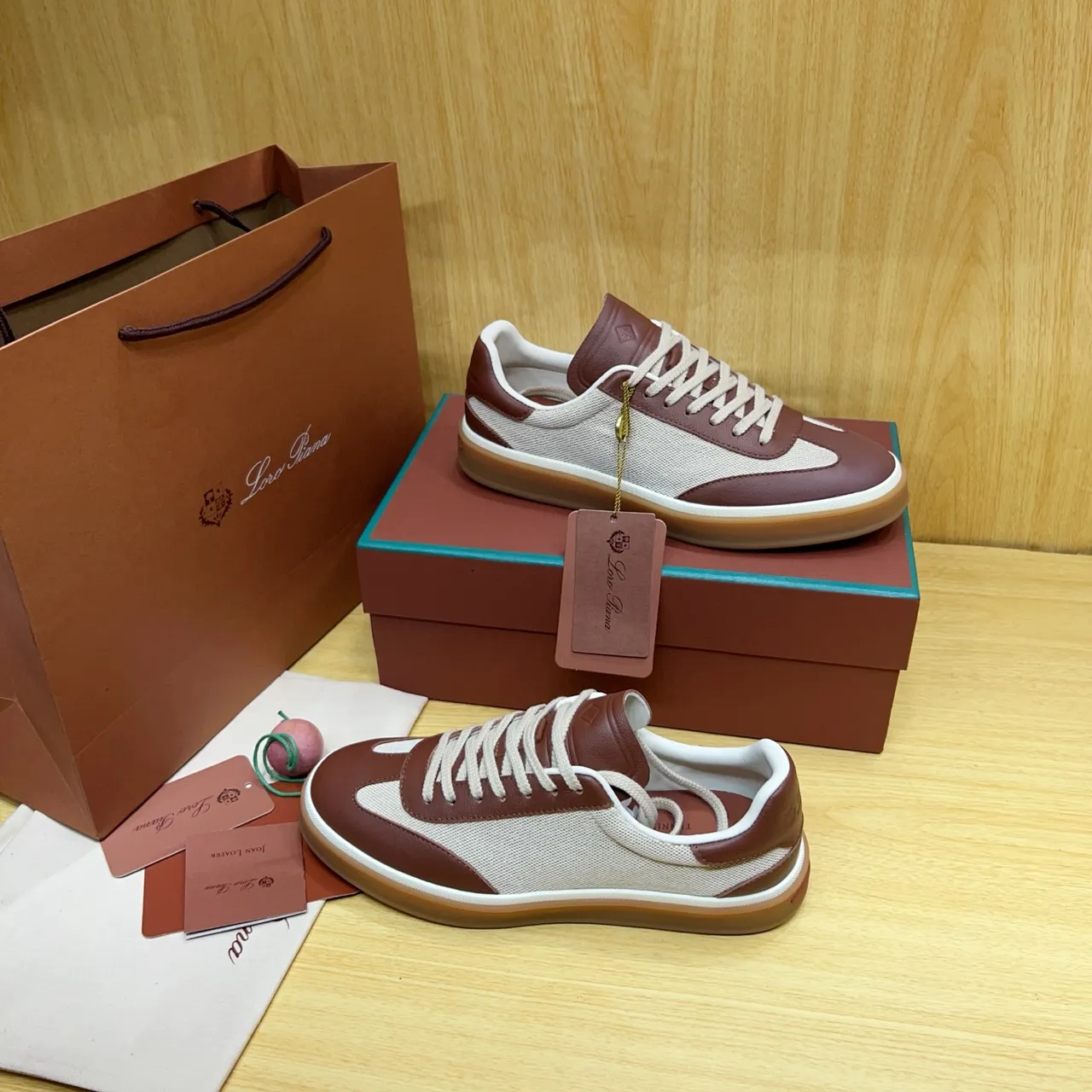 Loro Piana Beige Brown Mixed-Material Upper Leather-and-Textile Paneling Sneakers