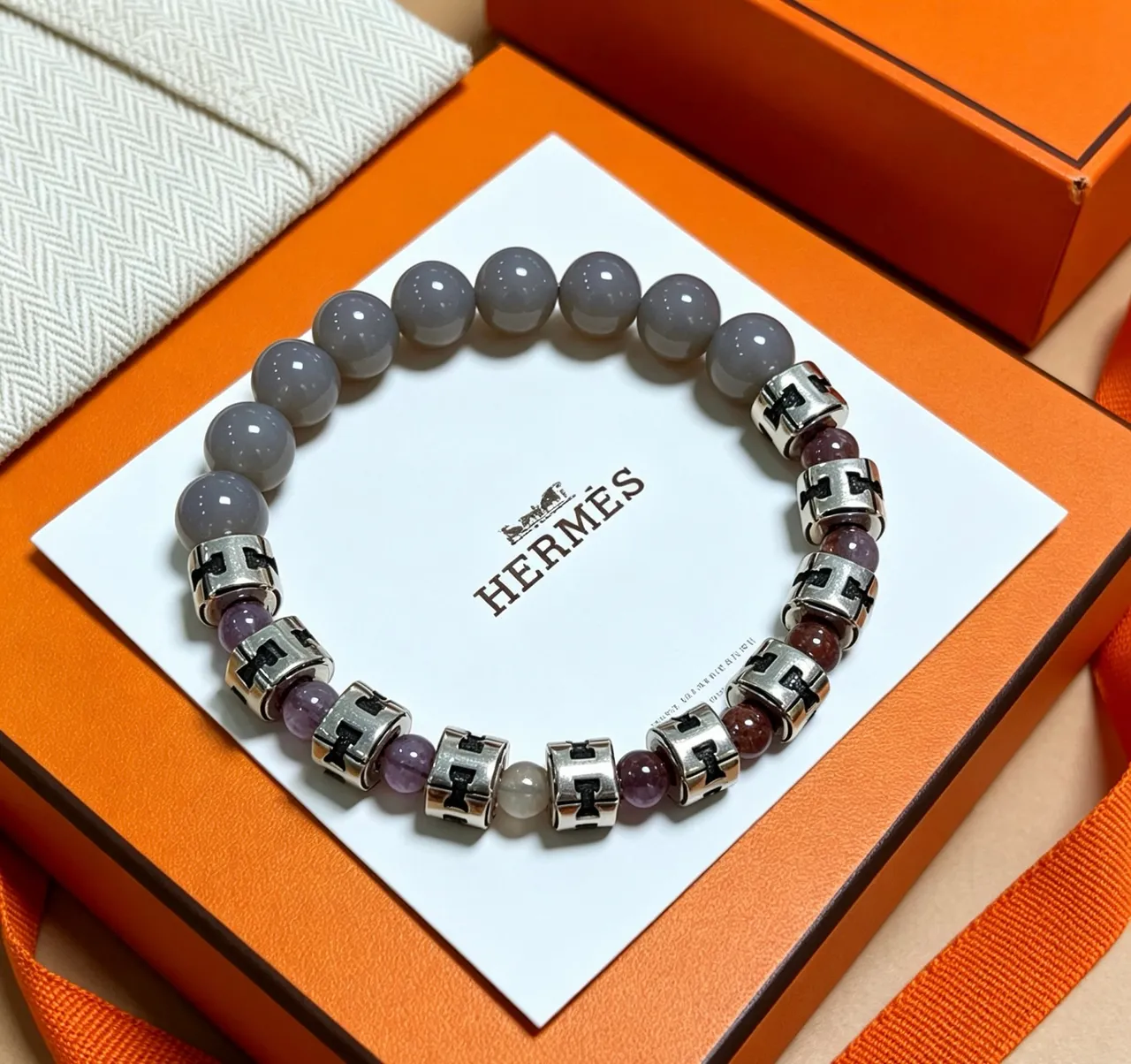Hermès H-Spacer Gray Purple Beaded Bracelet
