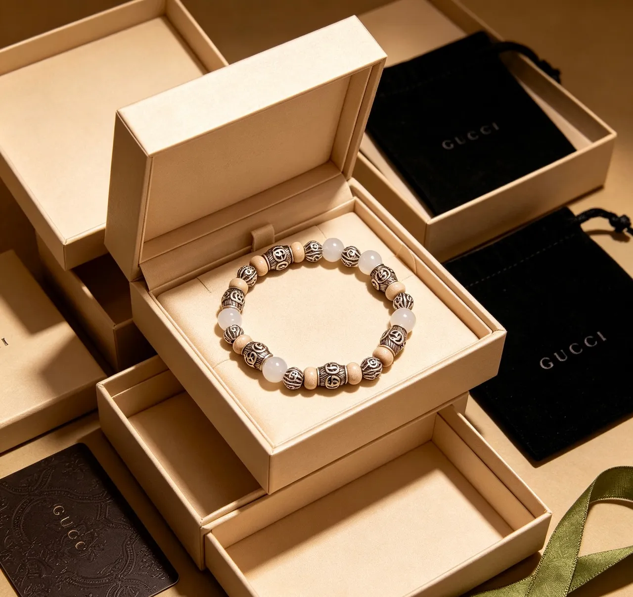 Gucci Beige Silver Beaded Ornate Metalwork Bracelet