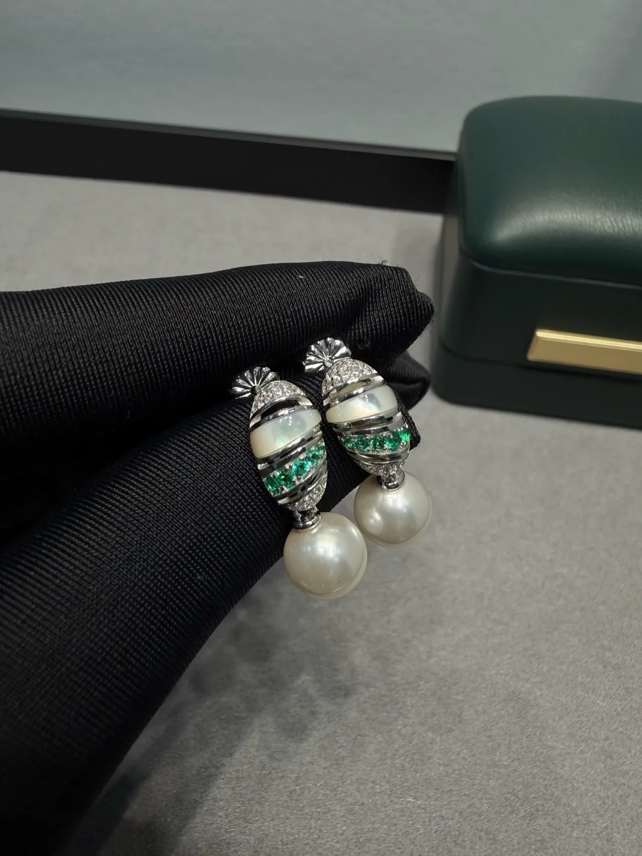 White Green Dangling Pearl-Drop Earrings