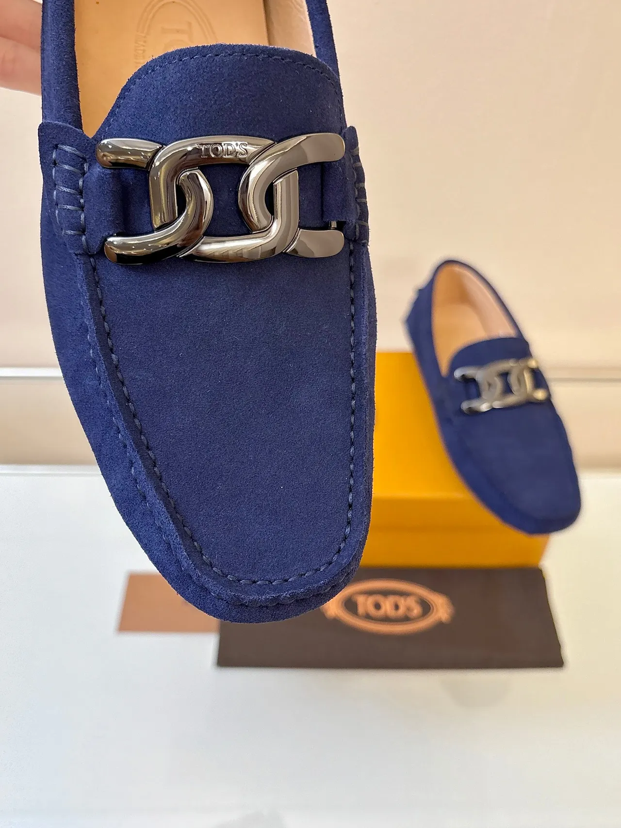 Tod's Gommino Navy Beige Suede Upper Metal Horsebit Buckle Loafer
