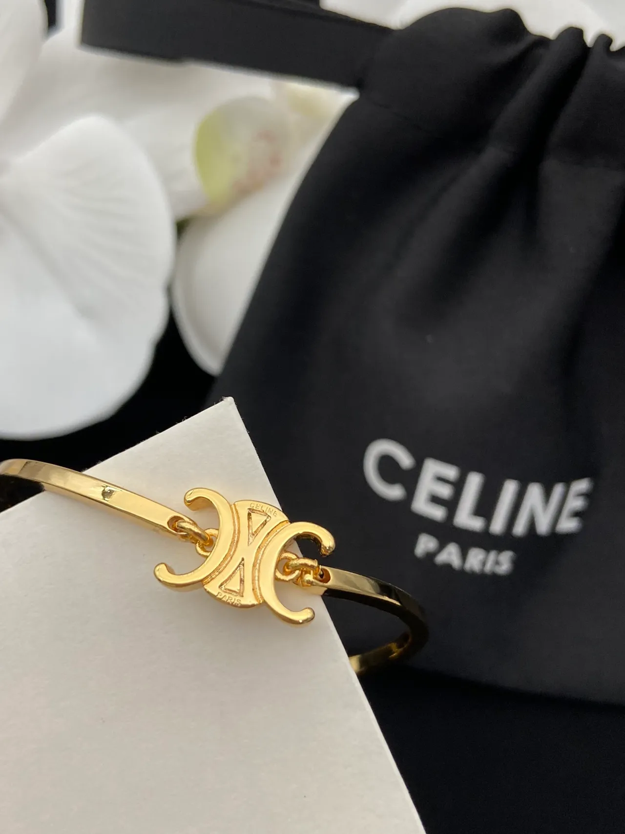 Celine Ava Gold Black Open Bangle Bracelet