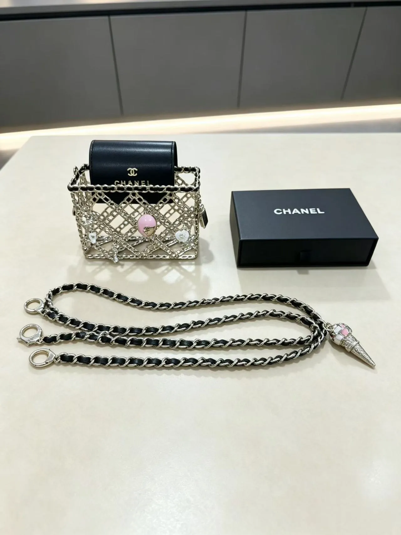 Chanel Chain Cage Black Pink Construction Leather Flap Chain Bag