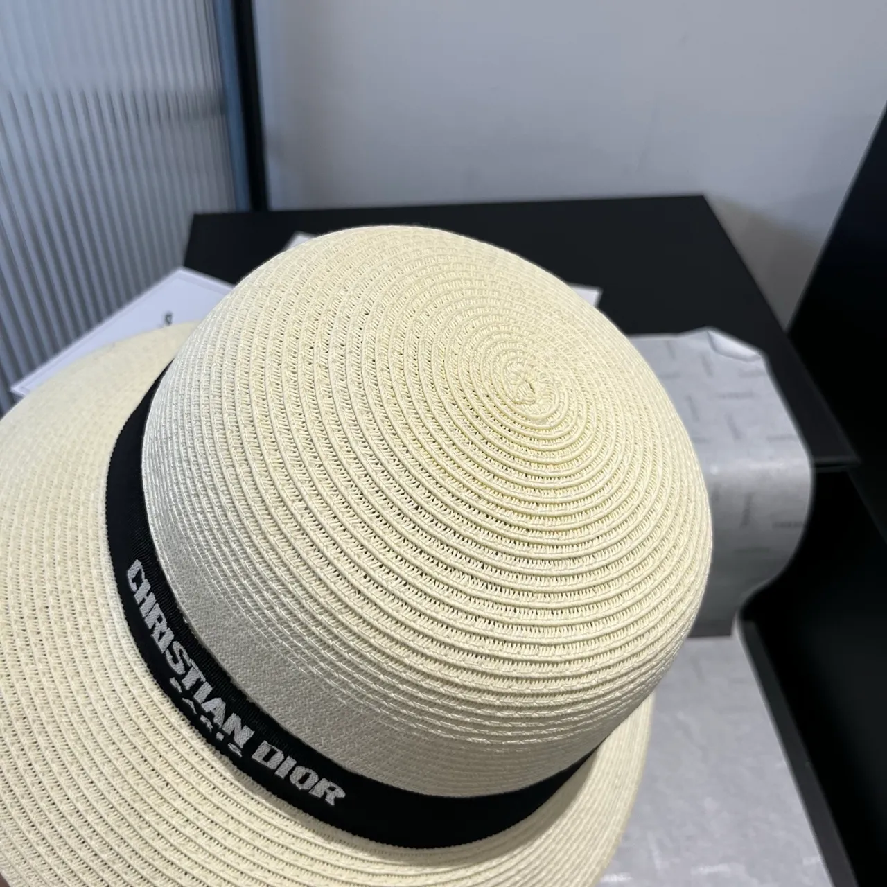 Dior Beige Black Woven Straw-Like Texture Structured Ribbed Crown Fedora