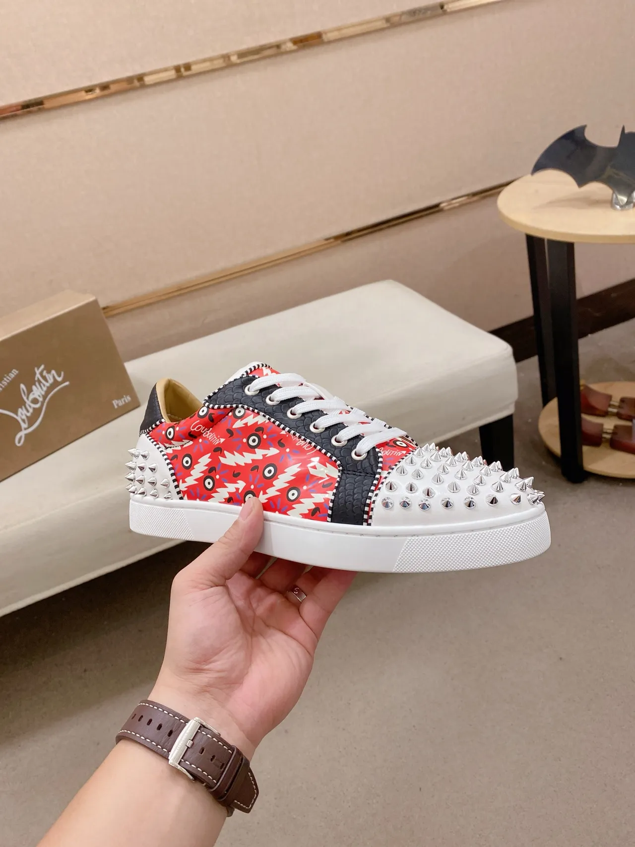 Christian Louboutin Spike Sneaker Red Black White Studded Lifestyle Sneakers