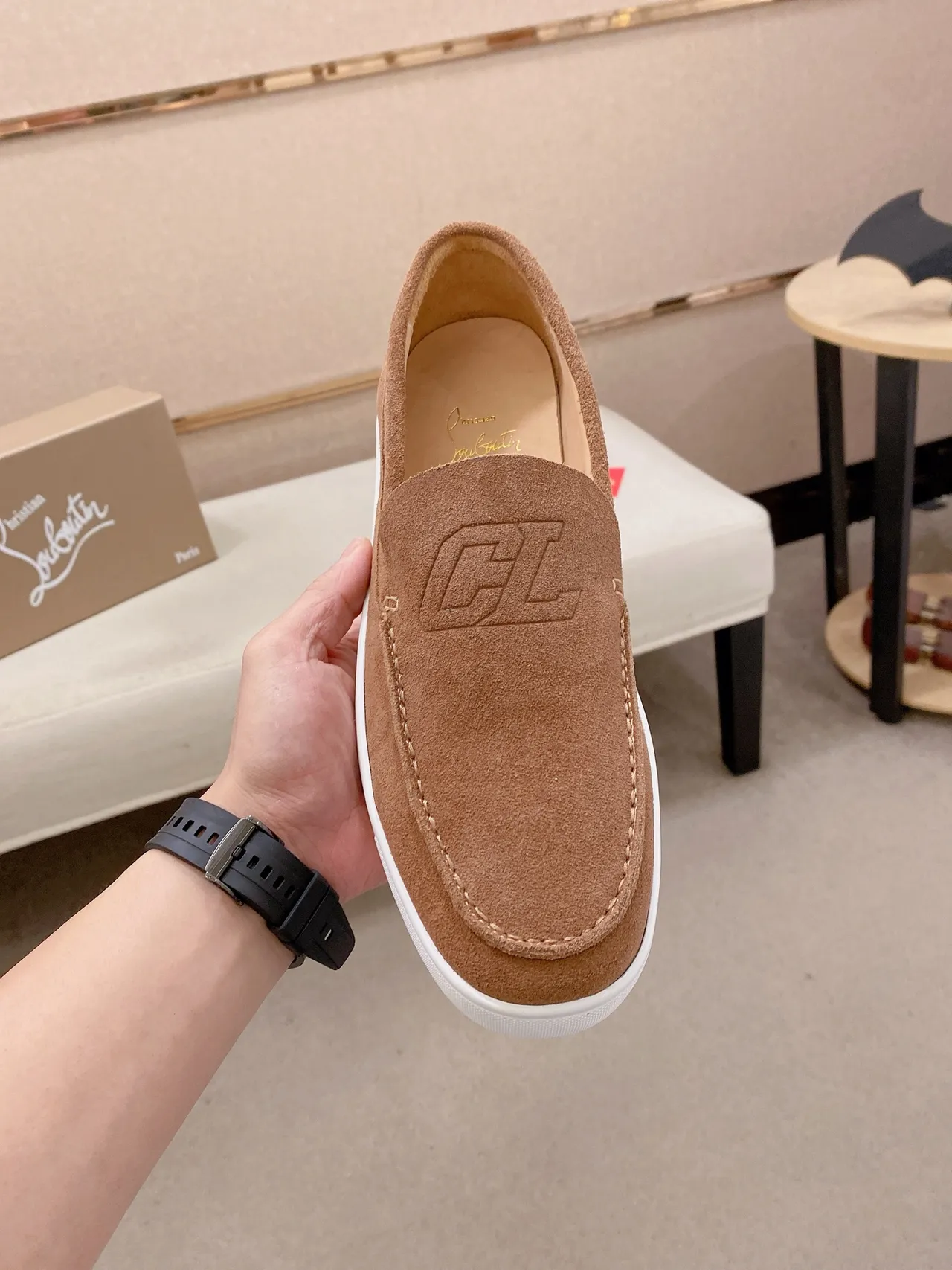 Brown White Suede Upper Rubber Sole Loafer