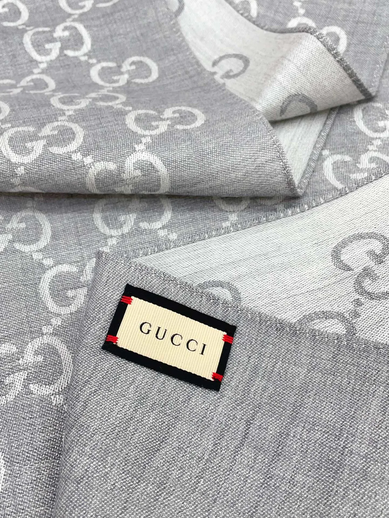 Gucci Monogram-Printed Gray Silk Scarf